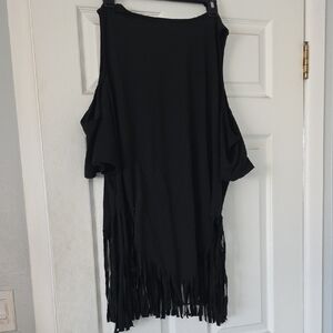 Black Fringe Cold Shoulder Top